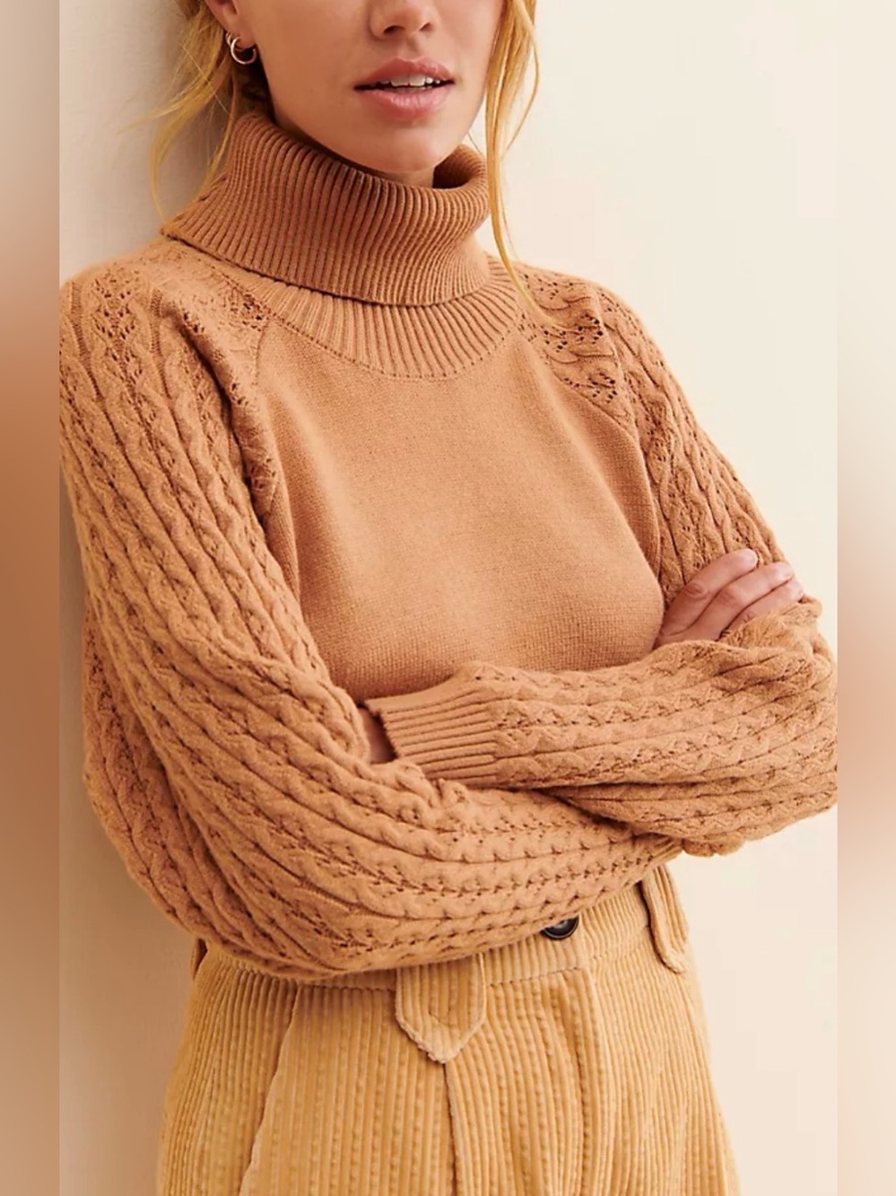 BB Dakota Cable Knit Turtleneck Sweater Womens Medium Camel Long Sleeve